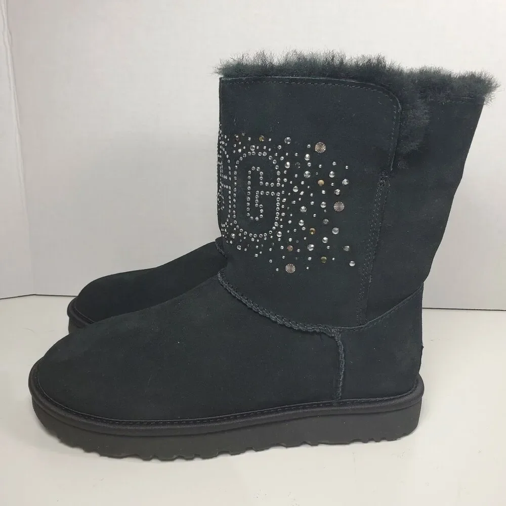UGG Women boots Classic Bling ankle pull on black suede shearling sz 6 37  new